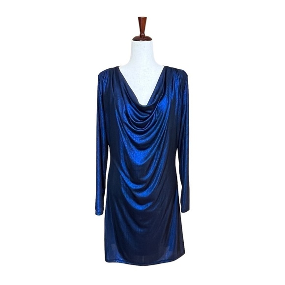 Fraiche J Metallic Cowl Neck Dress Royal Blue Size XL #1310 NWT - Picture 2 of 6